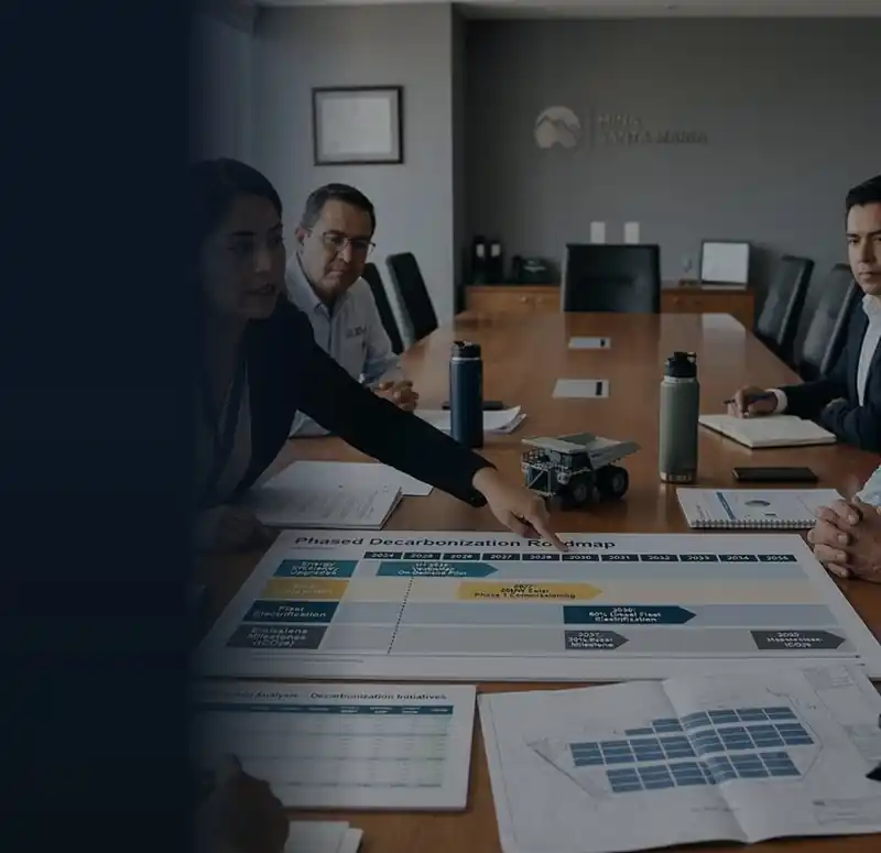 Directivos de una empresa minera revisan una hoja de ruta de descarbonización por fases en una sala de consejo